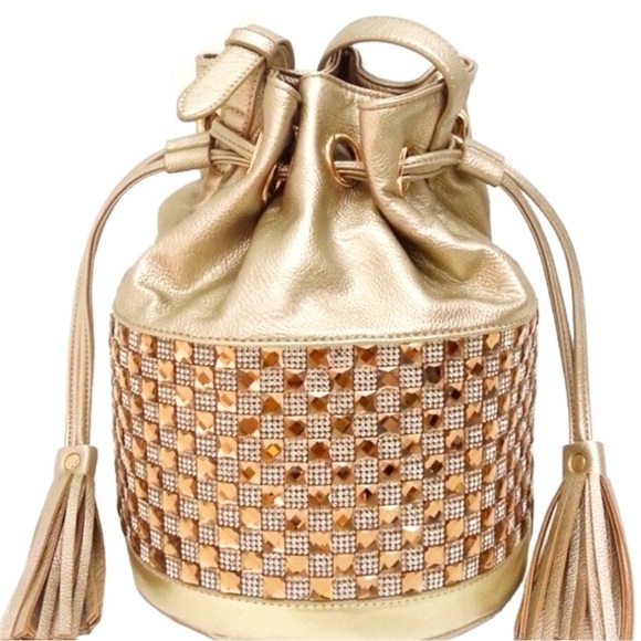 GALIAN, GOLD, BUCKET BAG WITH SIERRA RHINESTONES. ADJUSTABLE STRAP. - Picture 1 of 9